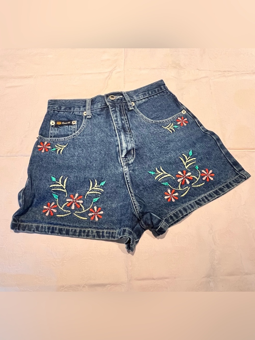 Route 66 Girls Embroidered Denim Jean Shorts Size 12 Floral Vintage Y2K